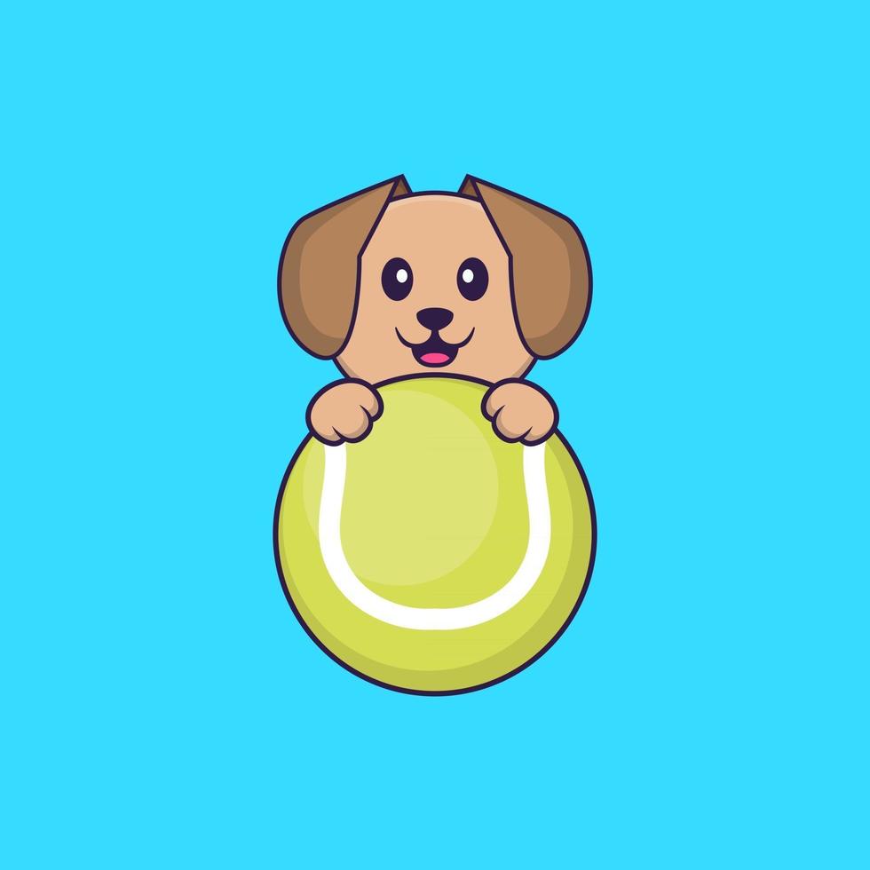 lindo perro jugando al tenis. aislado concepto de dibujos animados de animales. Puede utilizarse para camiseta, tarjeta de felicitación, tarjeta de invitación o mascota. estilo de dibujos animados plana vector