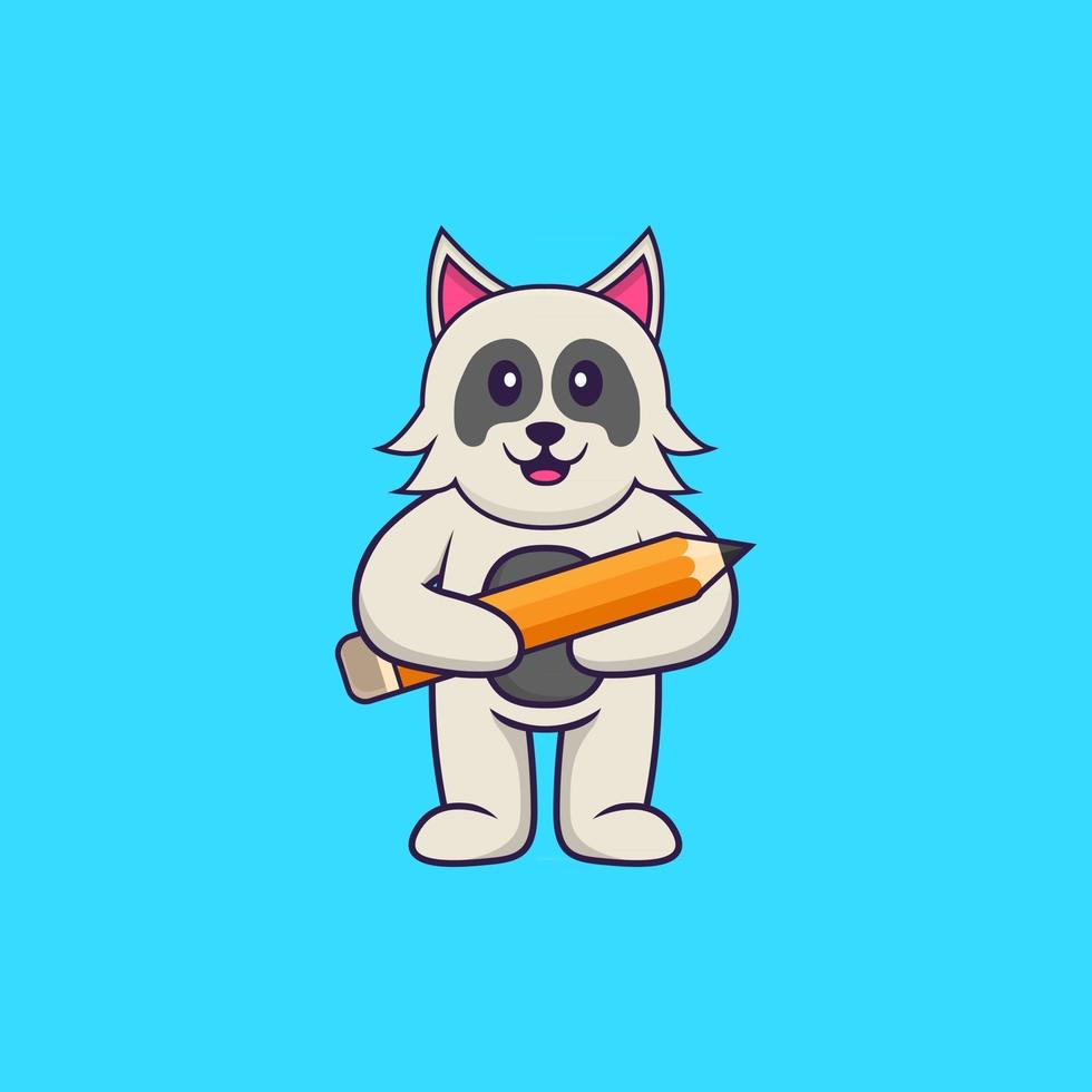 Cute dog holding a pencil. Animal cartoon concept isolated. Can used for t-shirt, greeting card, invitation card or mascot. Flat Cartoon Style vector