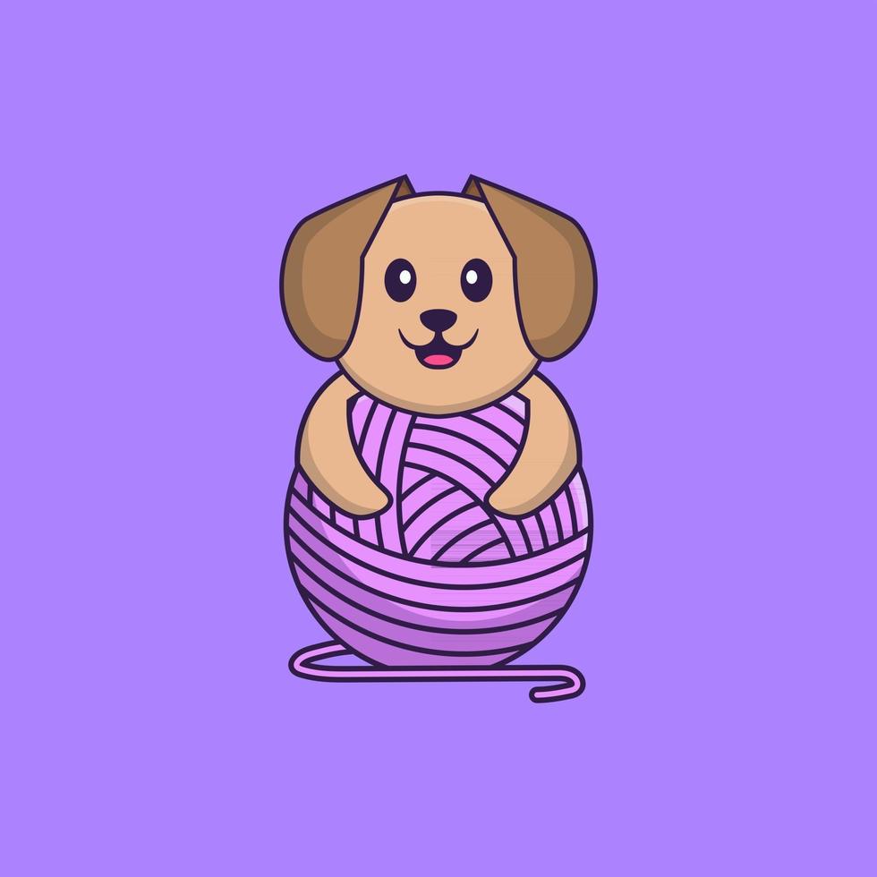 Cute dog playing with wool yarn. Animal cartoon concept isolated. Can used for t-shirt, greeting card, invitation card or mascot. Flat Cartoon Style vector