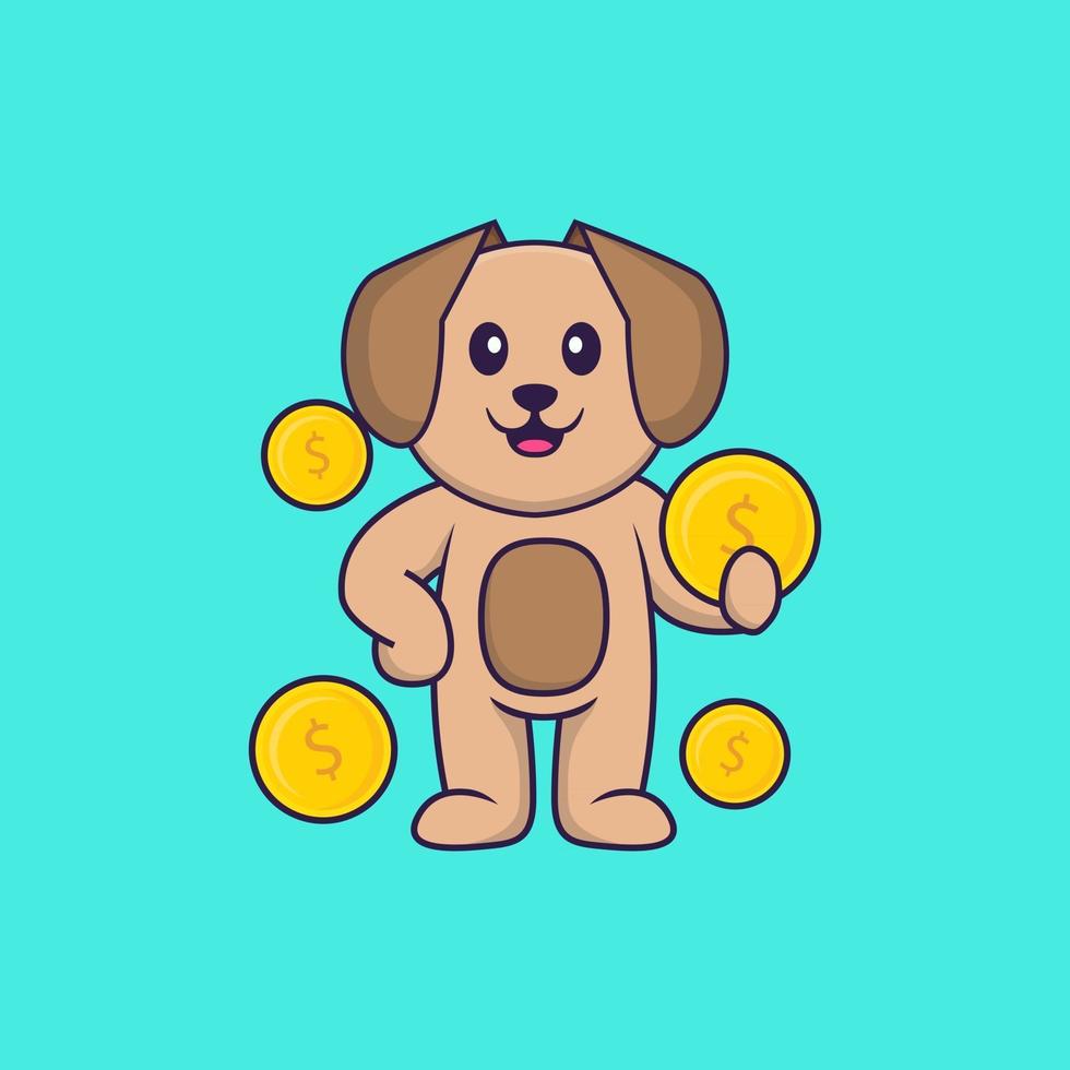 lindo perro sosteniendo una moneda. aislado concepto de dibujos animados de animales. Puede utilizarse para camiseta, tarjeta de felicitación, tarjeta de invitación o mascota. estilo de dibujos animados plana vector