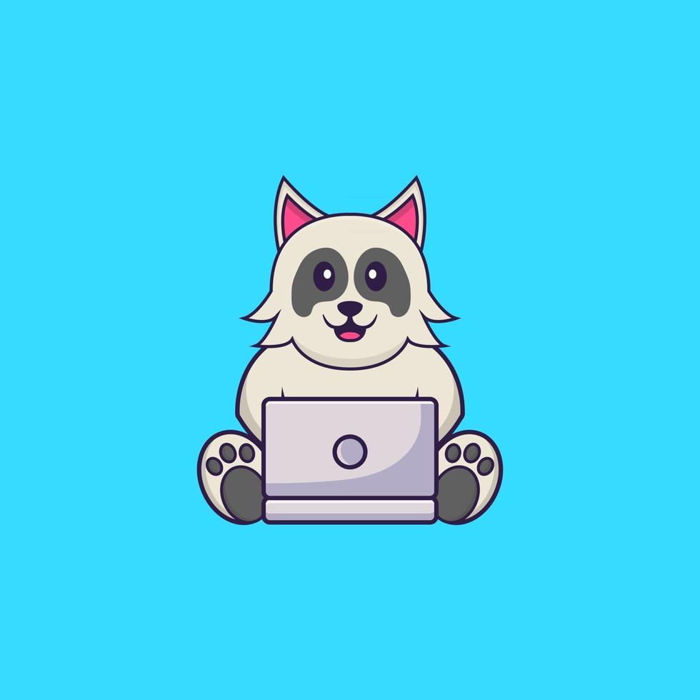 lindo perro usando laptop. aislado concepto de dibujos animados de animales. Puede utilizarse para camiseta, tarjeta de felicitación, tarjeta de invitación o mascota. estilo de dibujos animados plana vector