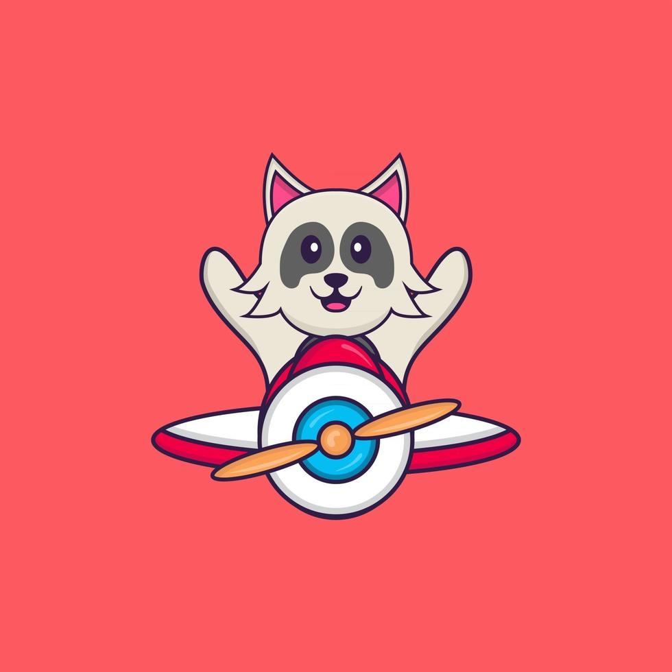 Cute dog flying on a plane. Animal cartoon concept isolated. Can used for t-shirt, greeting card, invitation card or mascot. Flat Cartoon Style vector