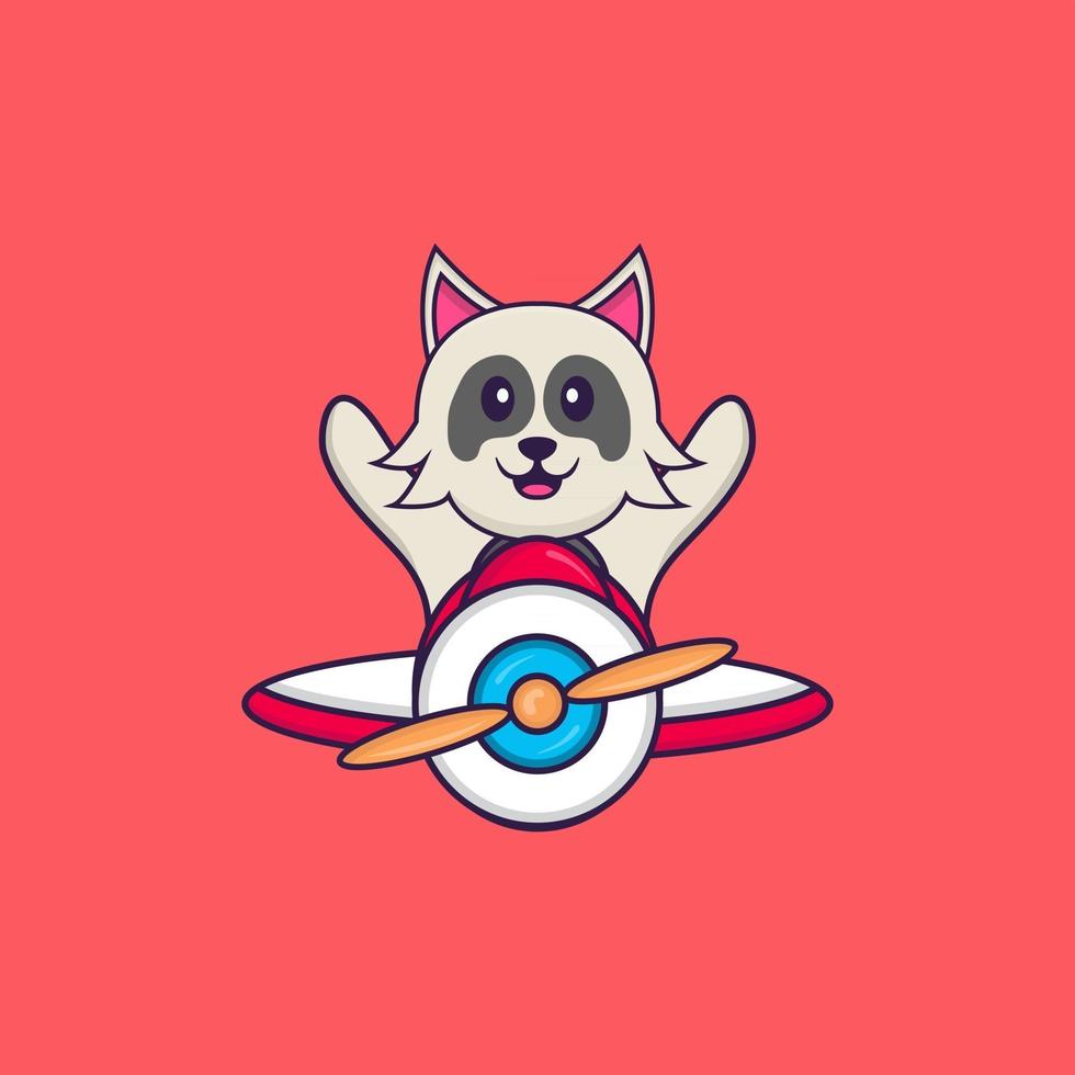 Cute dog flying on a plane. Animal cartoon concept isolated. Can used for t-shirt, greeting card, invitation card or mascot. Flat Cartoon Style vector