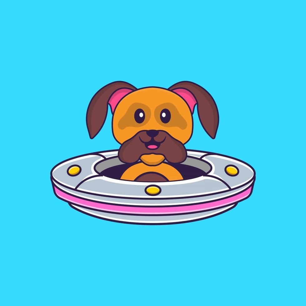 Cute dog Driving Spaceship Ufo. Animal cartoon concept isolated. Can used for t-shirt, greeting card, invitation card or mascot. Flat Cartoon Style vector