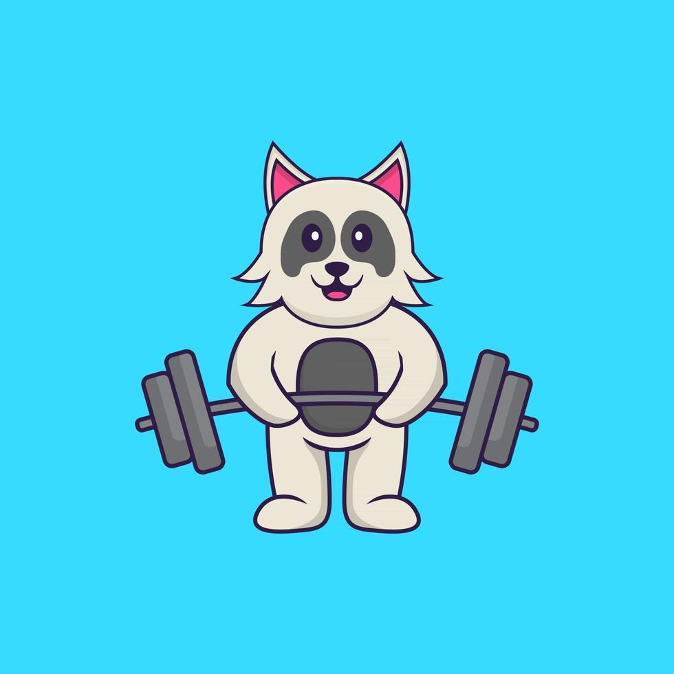 Cute dog lifts the barbell. Animal cartoon concept isolated. Can used for t-shirt, greeting card, invitation card or mascot. Flat Cartoon Style vector