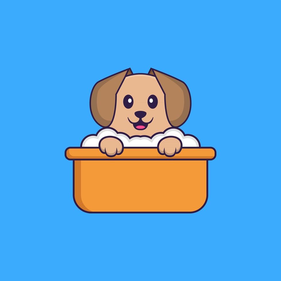 lindo perro tomando un baño en la bañera. aislado concepto de dibujos animados de animales. Puede utilizarse para camiseta, tarjeta de felicitación, tarjeta de invitación o mascota. estilo de dibujos animados plana vector