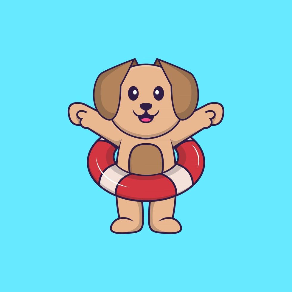 Cute dog using a float. Animal cartoon concept isolated. Can used for t-shirt, greeting card, invitation card or mascot. Flat Cartoon Style vector