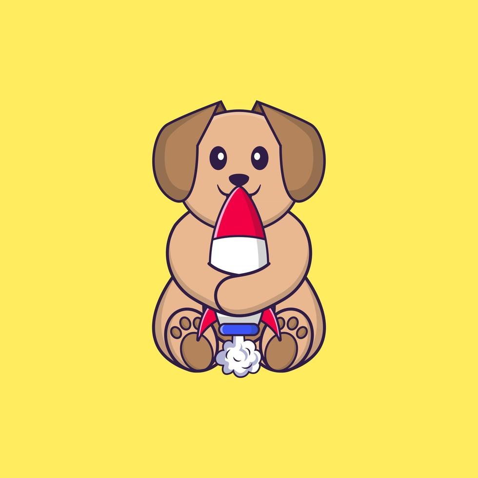 lindo perro sosteniendo un cohete. aislado concepto de dibujos animados de animales. Puede utilizarse para camiseta, tarjeta de felicitación, tarjeta de invitación o mascota. estilo de dibujos animados plana vector