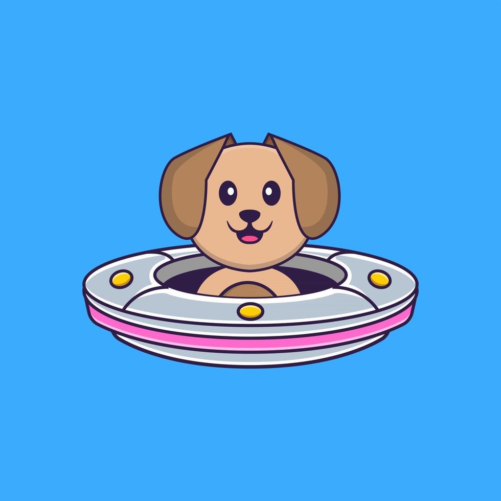 Cute dog Driving Spaceship Ufo. Animal cartoon concept isolated. Can used for t-shirt, greeting card, invitation card or mascot. Flat Cartoon Style vector