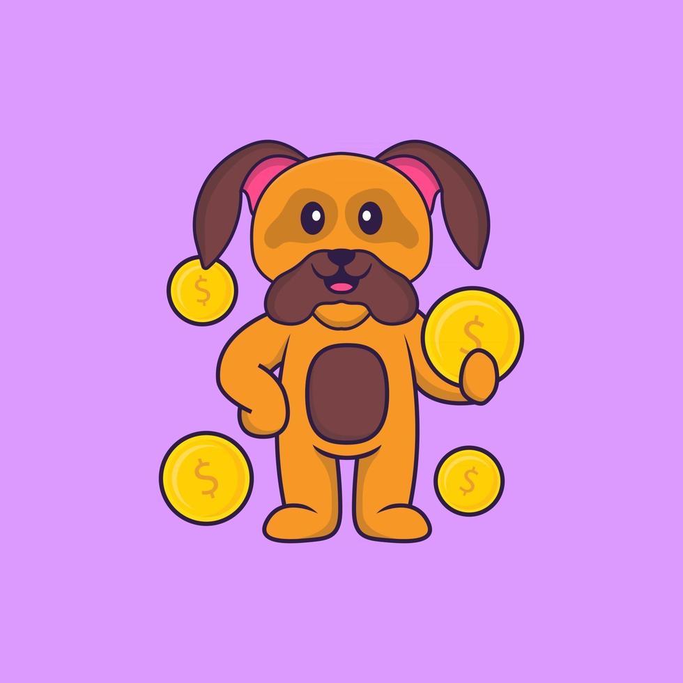 Cute dog holding coin. Animal cartoon concept isolated. Can used for t-shirt, greeting card, invitation card or mascot. Flat Cartoon Style vector