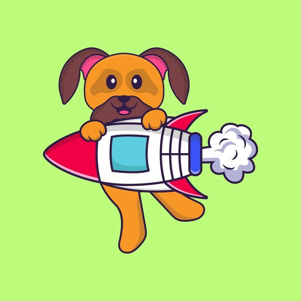 Cute dog flying on rocket. Animal cartoon concept isolated. Can used for t-shirt, greeting card, invitation card or mascot. Flat Cartoon Style vector