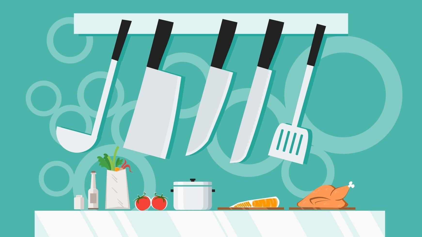 Utensilios de cocina con juego de cuchillos Equipo para colgar. cocinar con concepto de fondo de banner de estantería. ilustración vectorial de diseño plano. vector