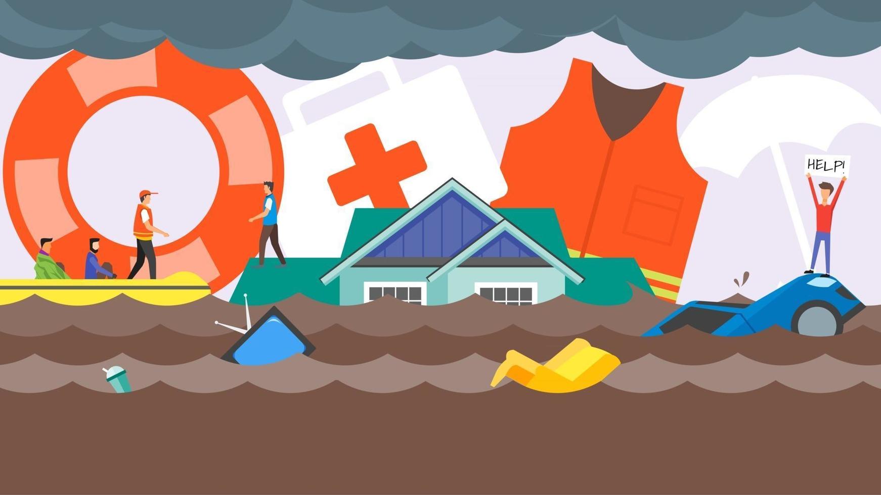 concepto de rescate de desastres por inundaciones. inundaciones de agua en las calles de la ciudad. Equipo de botes de rescate ayudando a las personas. humano con ayúdame banner en el techo de la casa. ilustración vectorial de diseño plano. vector