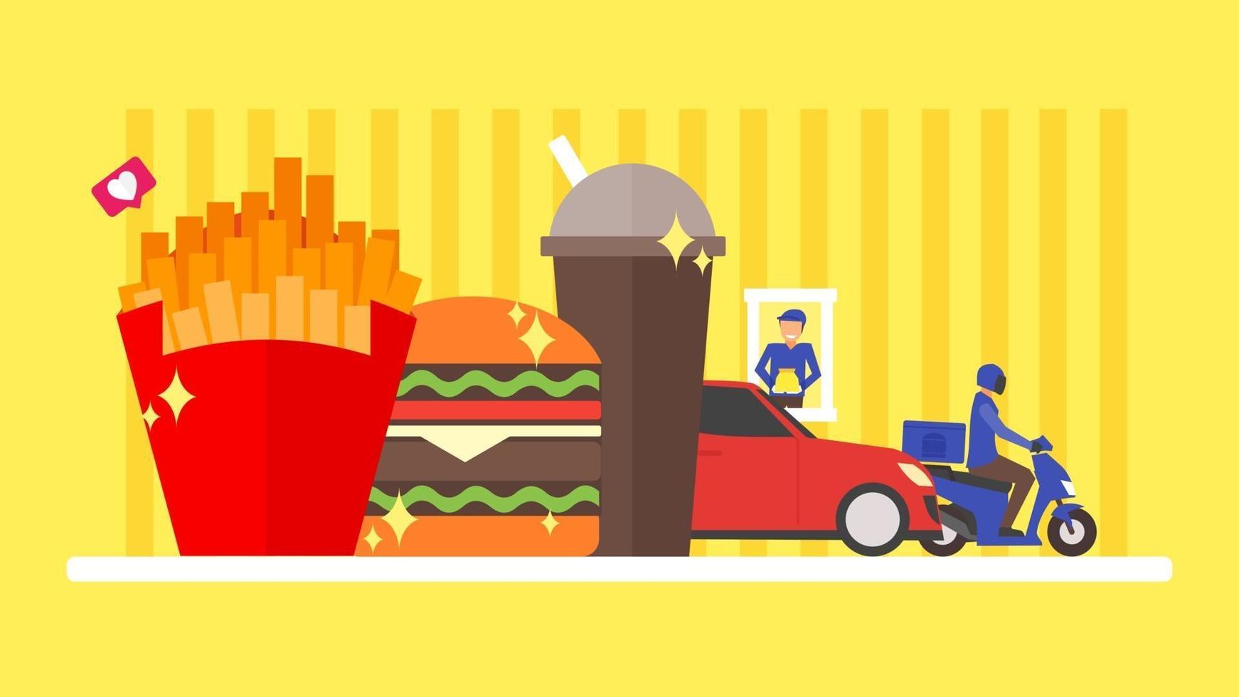 concepto de comida rápida. entrega y pedido para llevar. hamburguesa, hamburguesa, comida, papas fritas, ilustración de soda. fondo de diseño plano. Ilustración de vector de personaje de gente pequeña.