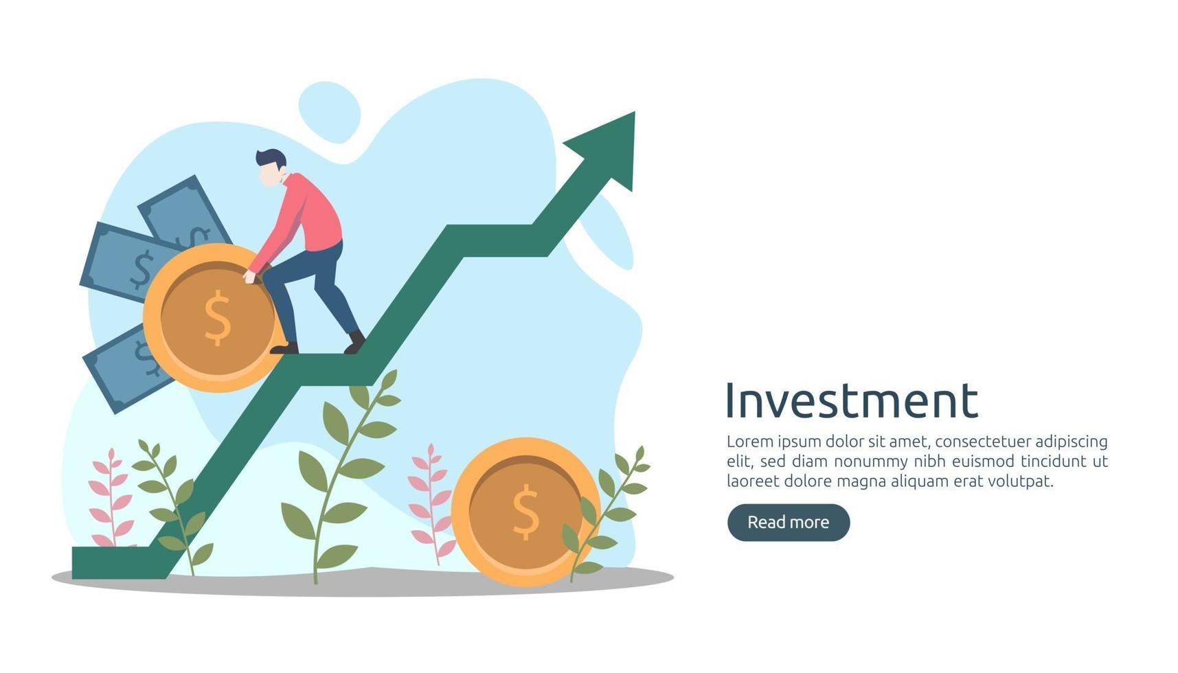 concepto de inversión empresarial. Moneda de pila de dólares, gente pequeña, objeto de dinero. aumento de gráfico gráfico. crecimiento financiero que conduce al éxito. Ilustración de vector de plantilla de página de destino de diseño plano moderno