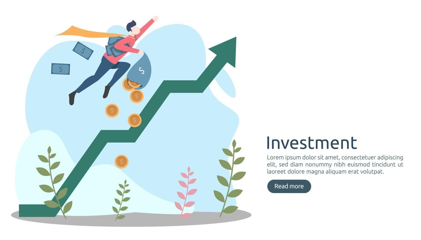 concepto de inversión empresarial. Moneda de pila de dólares, gente pequeña, objeto de dinero. aumento de gráfico gráfico. crecimiento financiero que conduce al éxito. Ilustración de vector de plantilla de página de destino de diseño plano moderno