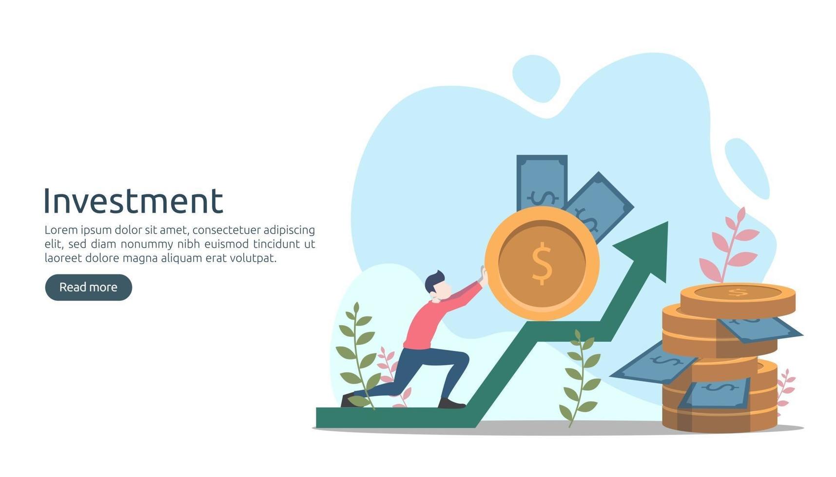 Business investment concept. dollar pile coin, tiny people, money object. graphic chart increase. Financial growth rising up to success. modern flat design landing page template vector illustration