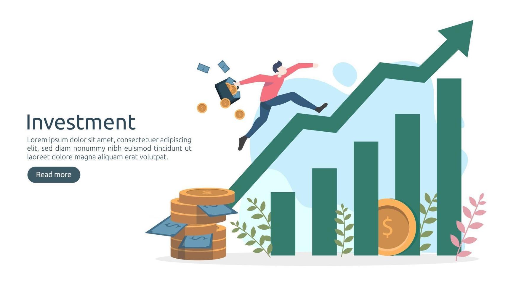 Business investment concept. dollar pile coin, tiny people, money object. graphic chart increase. Financial growth rising up to success. modern flat design landing page template vector illustration
