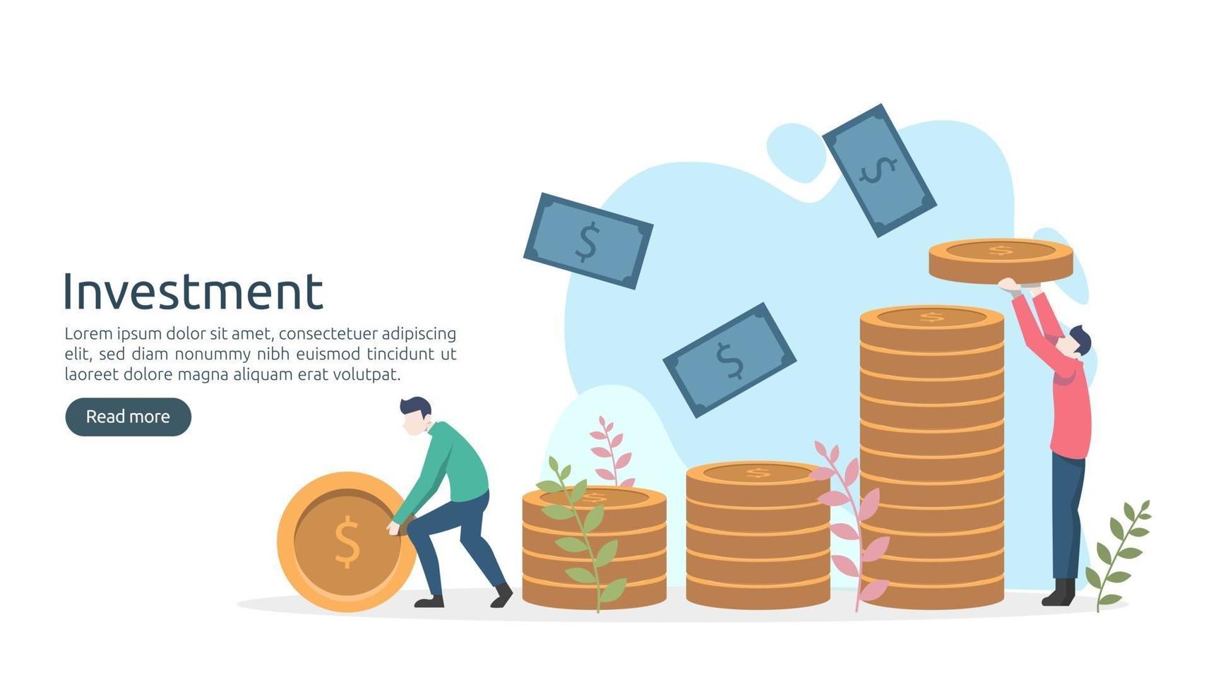 concepto de inversión empresarial. Moneda de pila de dólares, gente pequeña, objeto de dinero. aumento de gráfico gráfico. crecimiento financiero que conduce al éxito. Ilustración de vector de plantilla de página de destino de diseño plano moderno