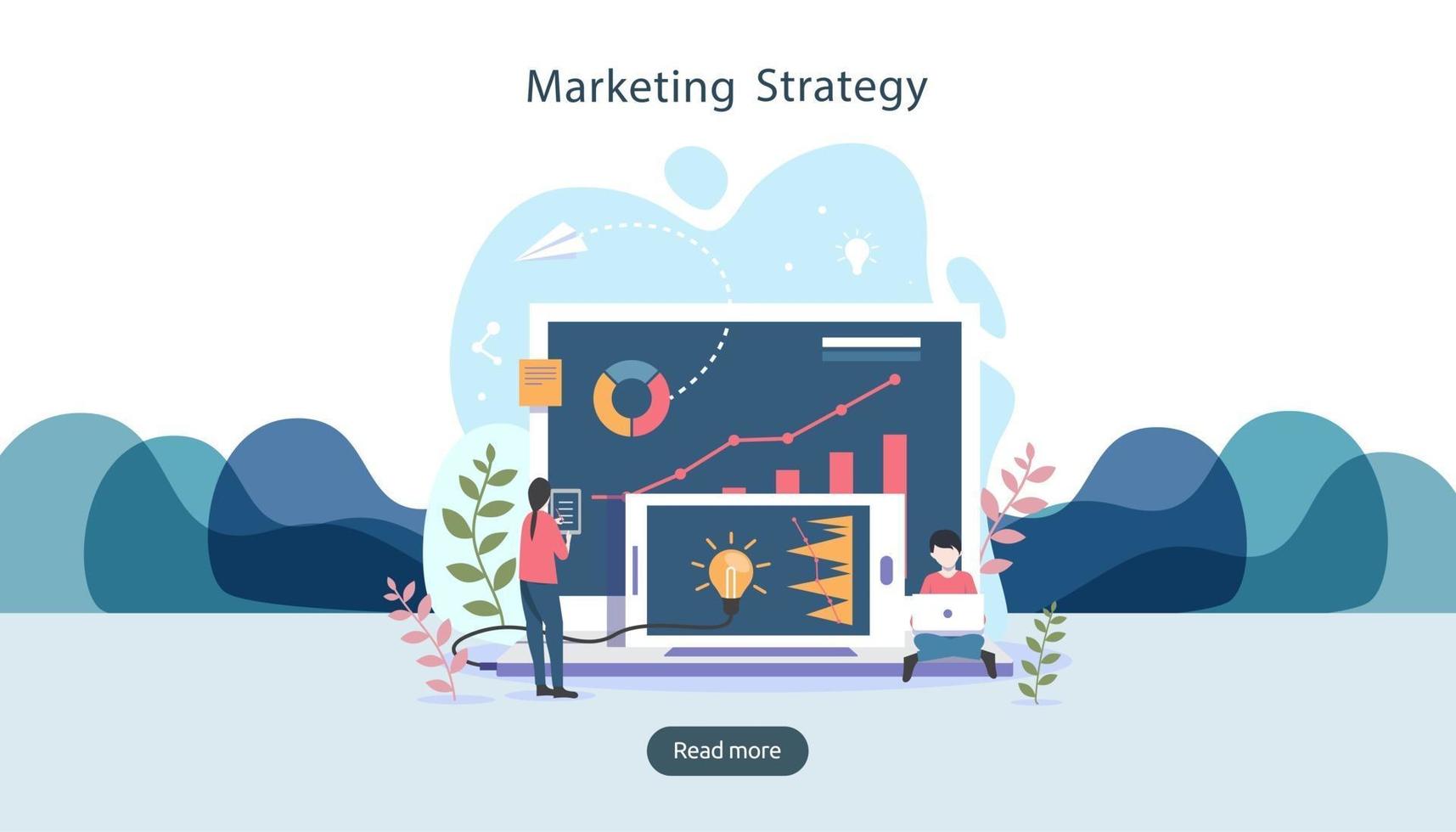 digital marketing strategy concept with tiny people character, table, graphic object on computer screen. online social media marketing modern flat design for landing page and mobile website template vector