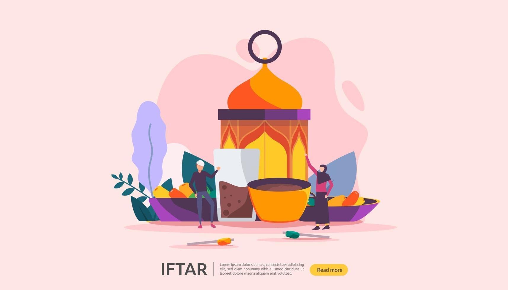 Iftar Eating After Fasting feast party concept. Moslem family dinner on Ramadan Kareem or celebrating Eid with people character. web landing page template, banner, presentation, social or print media vector