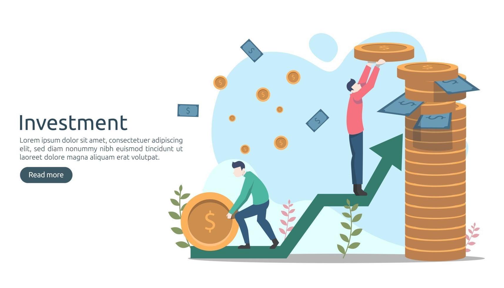 Business investment concept. dollar pile coin, tiny people, money object. graphic chart increase. Financial growth rising up to success. modern flat design landing page template vector illustration