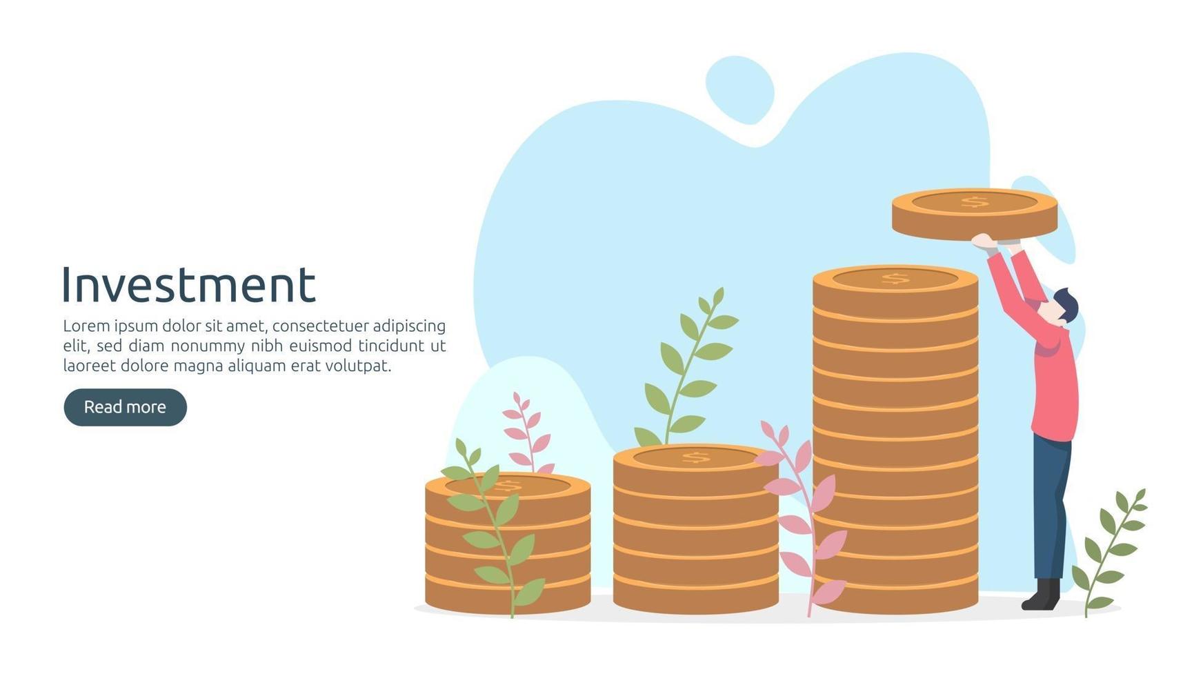 Business investment concept. dollar pile coin, tiny people, money object. graphic chart increase. Financial growth rising up to success. modern flat design landing page template vector illustration