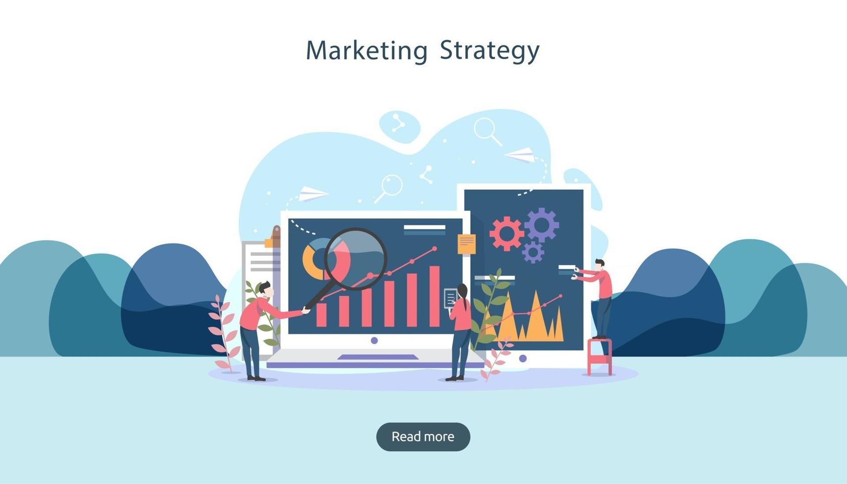 digital marketing strategy concept with tiny people character, table, graphic object on computer screen. online social media marketing modern flat design for landing page and mobile website template vector