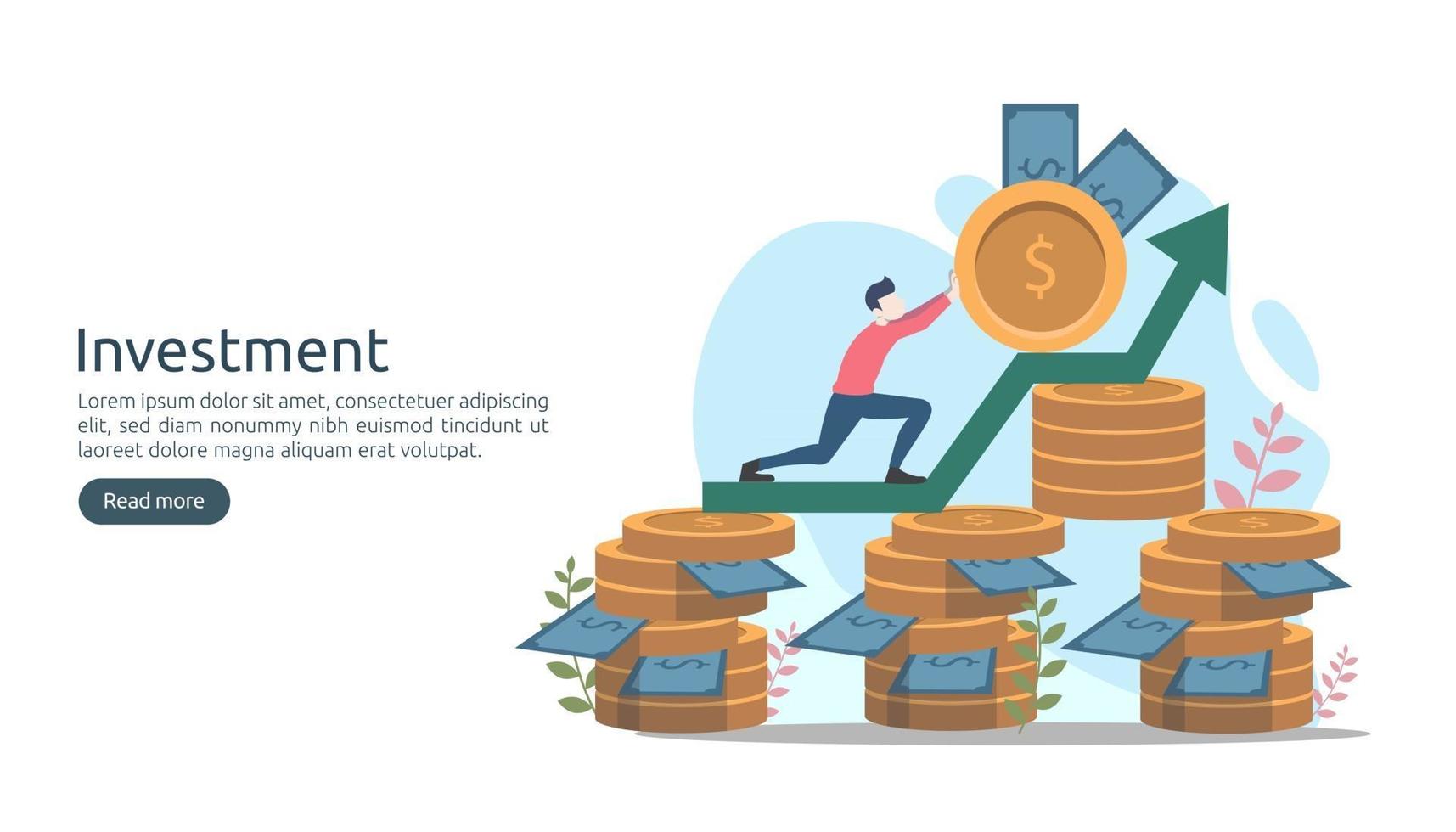 concepto de inversión empresarial. Moneda de pila de dólares, gente pequeña, objeto de dinero. aumento de gráfico gráfico. crecimiento financiero que conduce al éxito. Ilustración de vector de plantilla de página de destino de diseño plano moderno