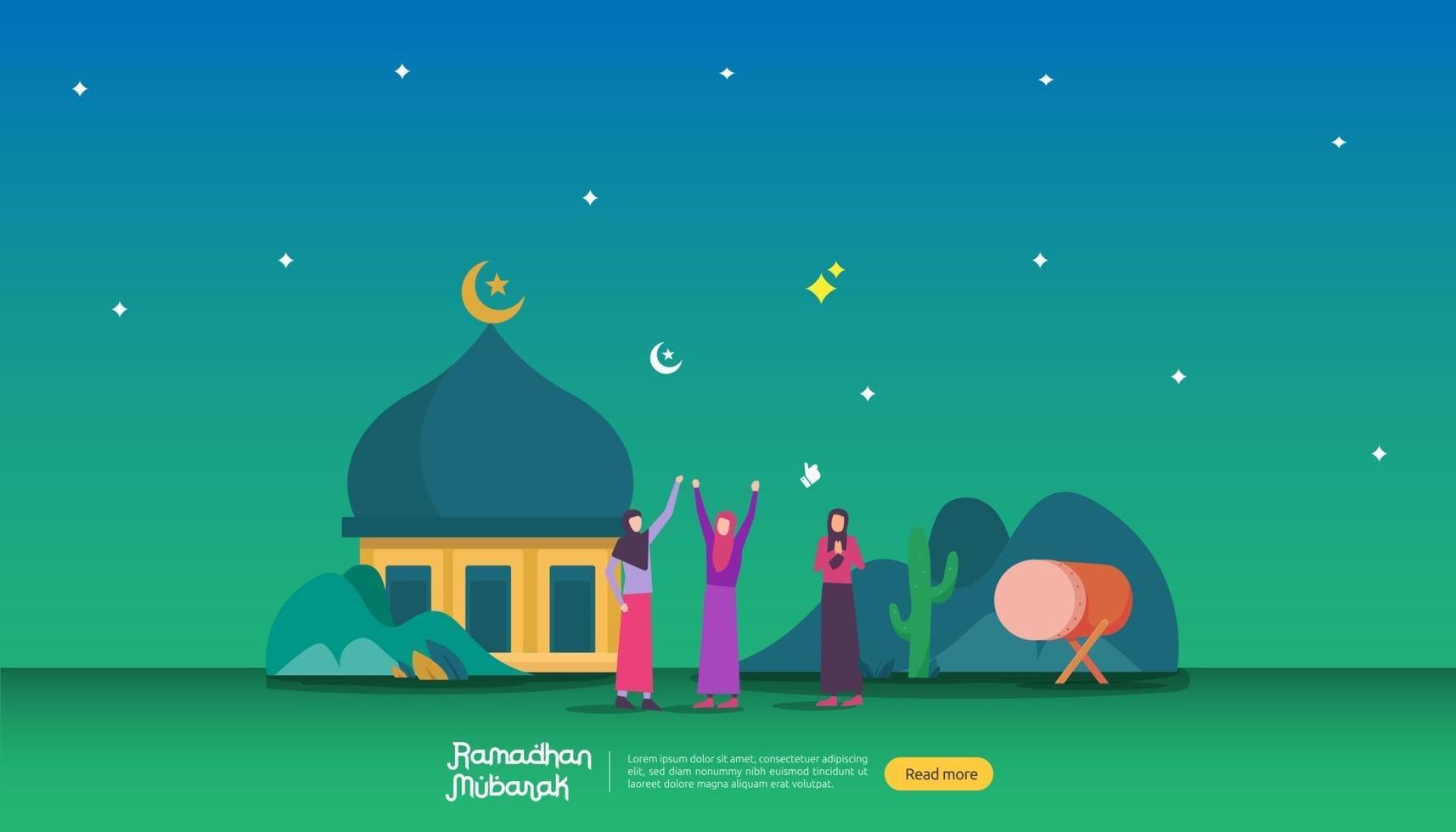 Feliz concepto de saludo de Ramadán Mubarak con carácter de personas para plantilla de página de destino web, banner, presentación, redes sociales y medios impresos. Ilustración de vector de diseño plano islámico eid fitr o adha.