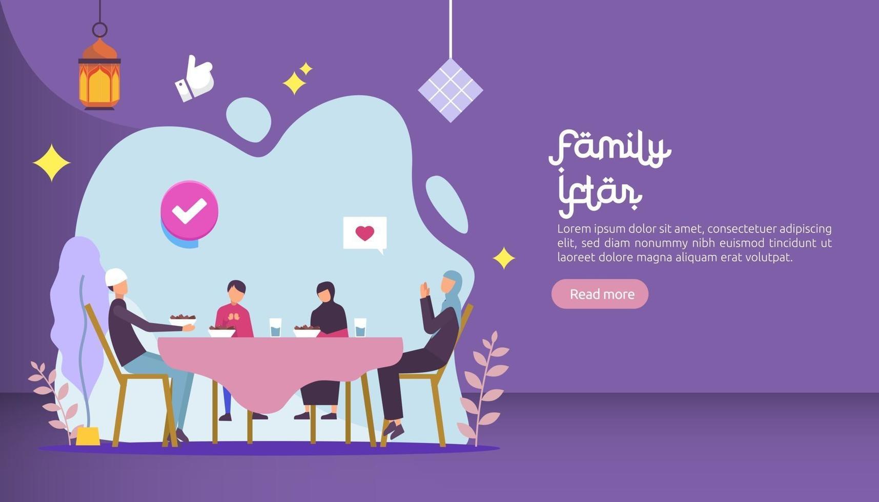 Iftar Eating After Fasting feast party concept. Moslem family dinner on Ramadan Kareem or celebrating Eid with people character. web landing page template, banner, presentation, social or print media vector