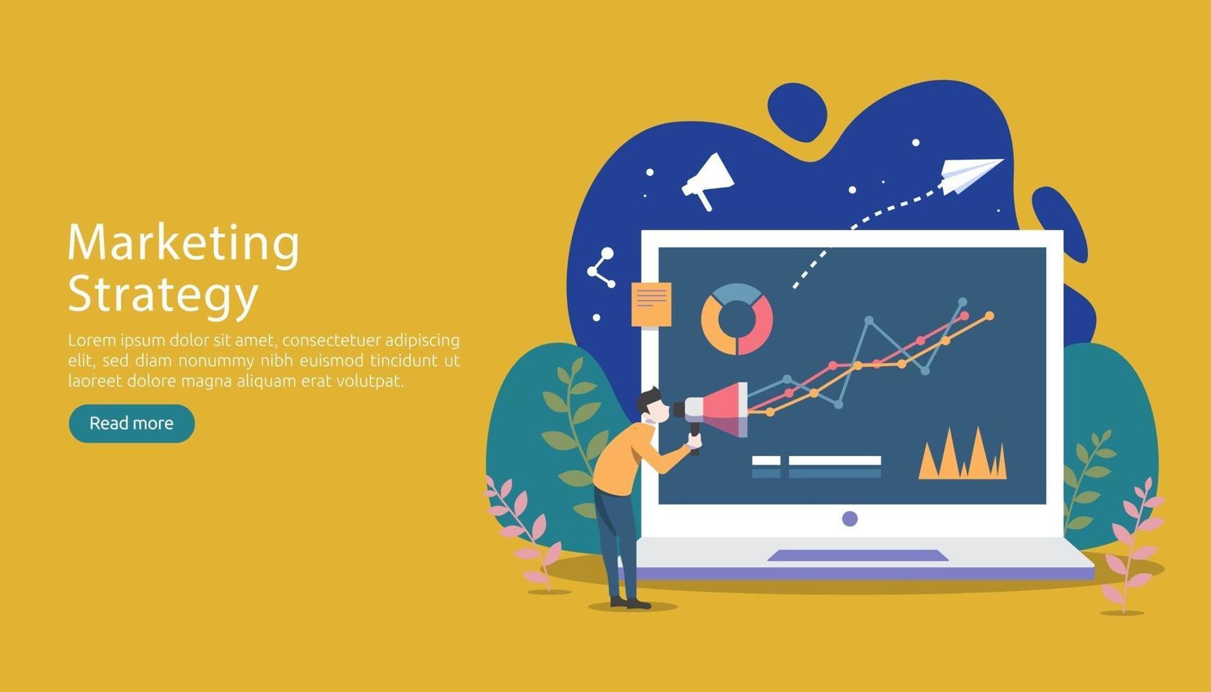 digital marketing strategy concept with tiny people character, table, graphic object on computer screen. online social media marketing modern flat design for landing page and mobile website template vector