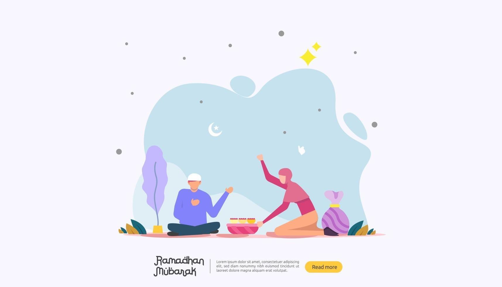 Feliz concepto de saludo de Ramadán Mubarak con carácter de personas para plantilla de página de destino web, banner, presentación, redes sociales y medios impresos. Ilustración de vector de diseño plano islámico eid fitr o adha.