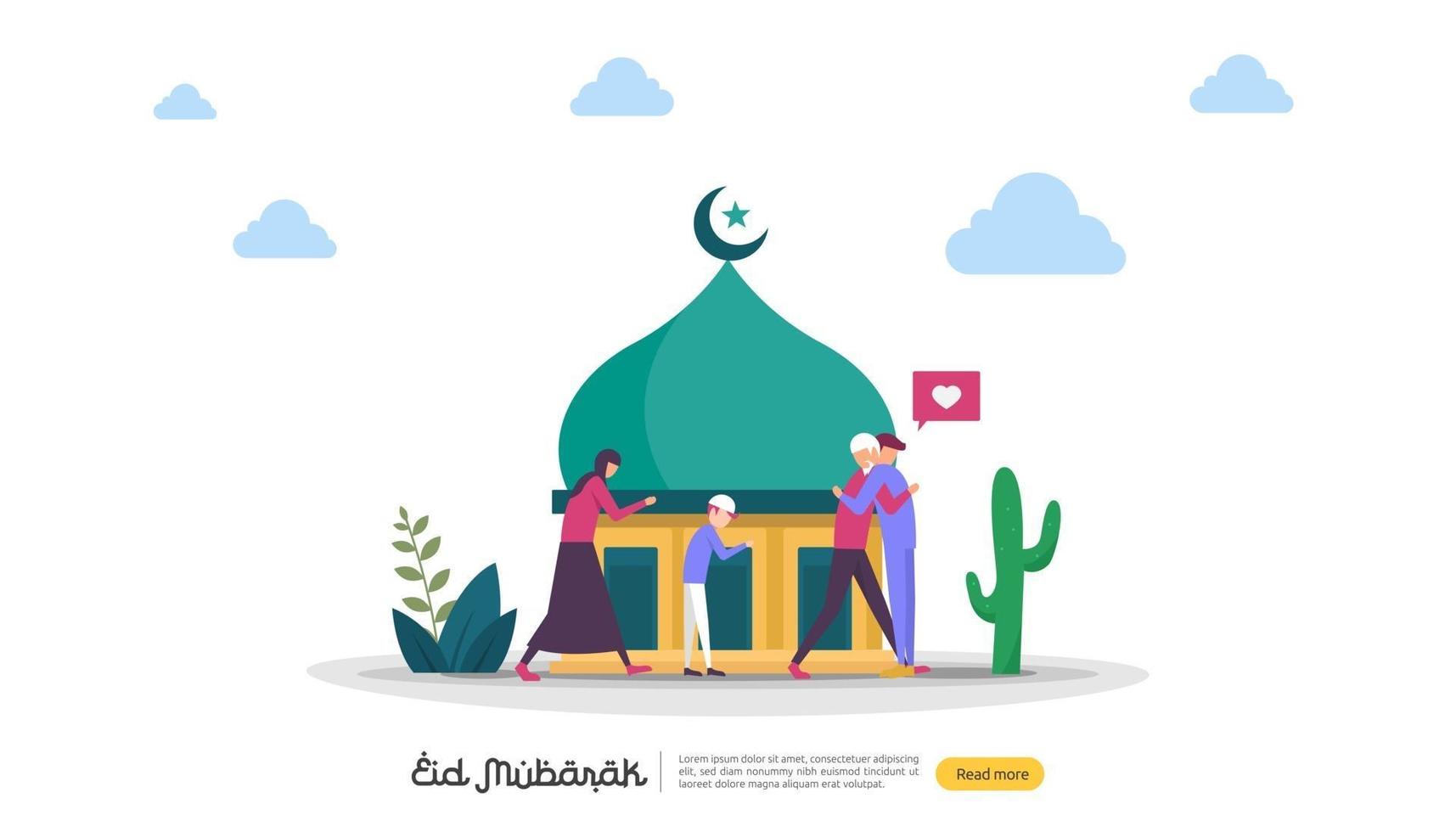 concepto de ilustración de diseño islámico para feliz saludo de eid mubarak o ramadán con carácter de personas. plantilla para página de destino web, banner, presentación, redes sociales, carteles, anuncios, promociones o medios impresos. vector