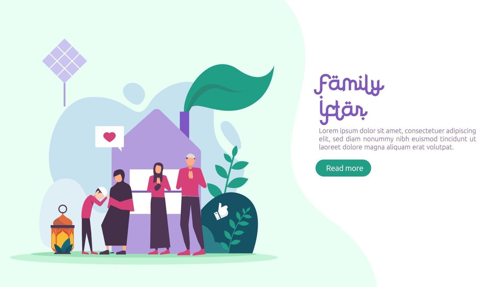 Iftar Eating After Fasting feast party concept. Moslem family dinner on Ramadan Kareem or celebrating Eid with people character. web landing page template, banner, presentation, social or print media vector