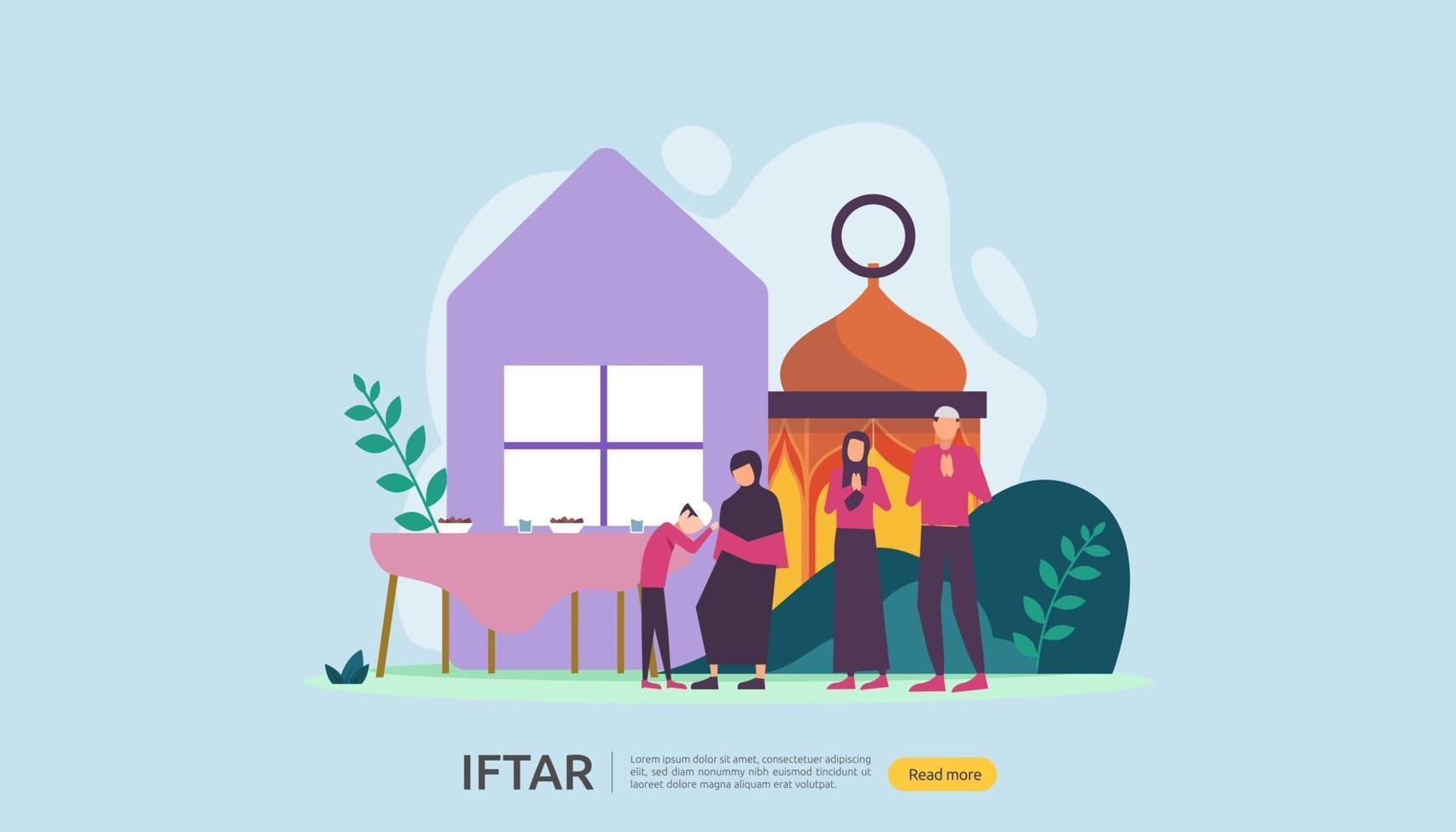 iftar comiendo después del ayuno concepto de fiesta de fiesta. Cena familiar musulmana en ramadan kareem o celebrando eid con carácter de personas. plantilla de página de destino web, banner, presentación, medios sociales o impresos vector