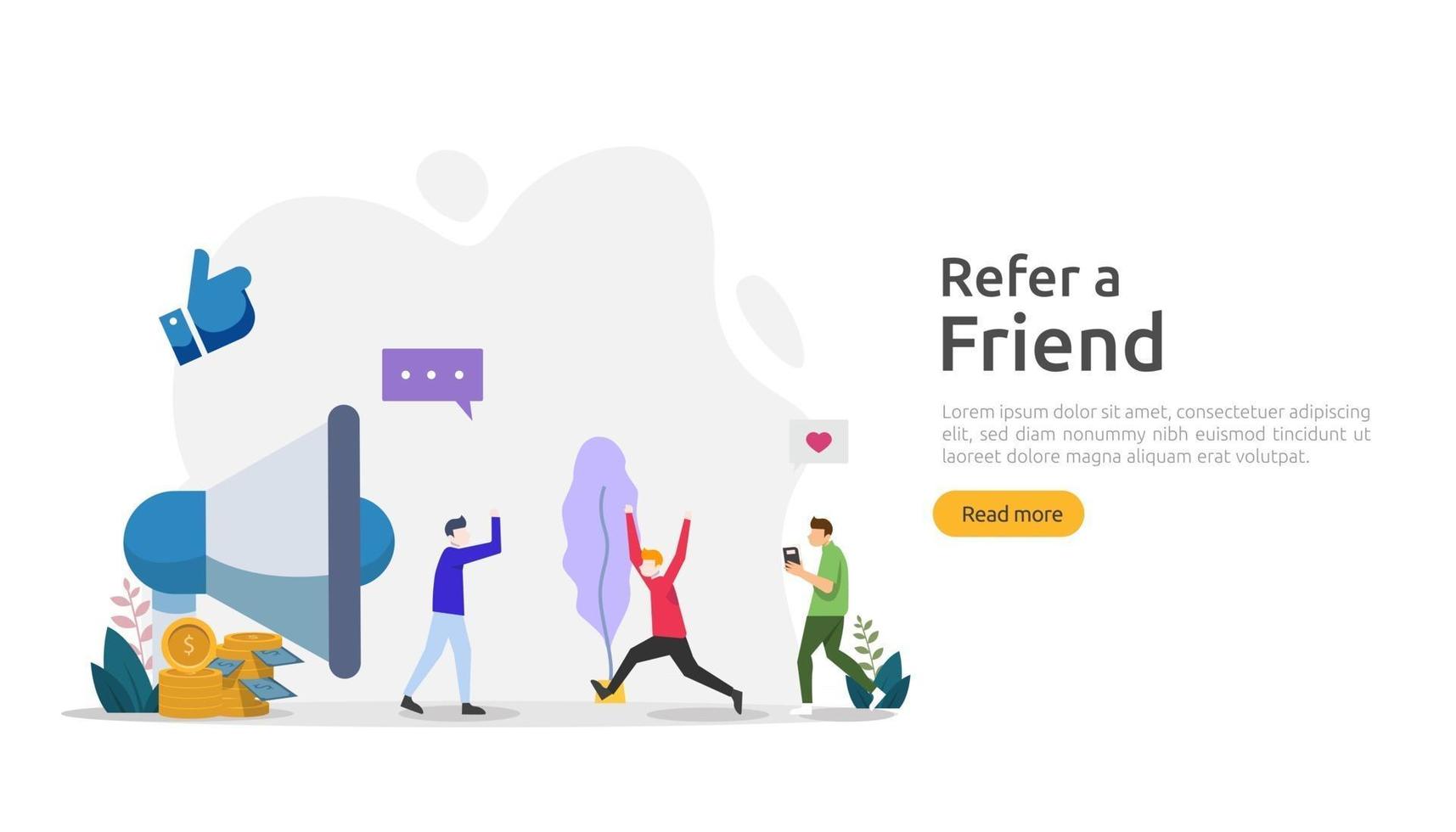 refer a friend strategy and affiliate marketing concept . people character sharing referral business partnership and earn money. template for web landing page, banner, poster, print media vector