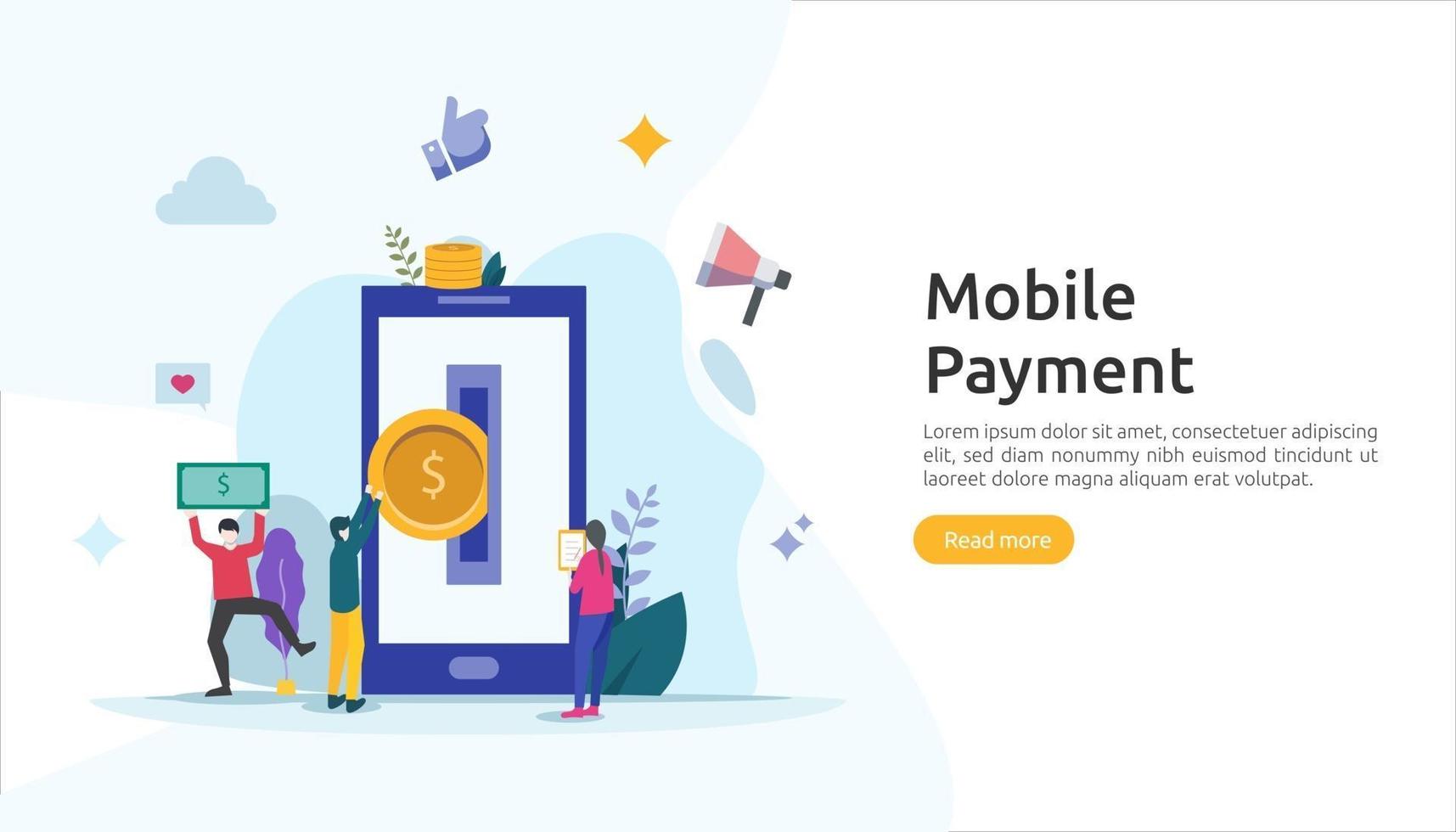 mobile payment or money transfer concept for E-commerce market shopping online illustration with tiny people character. template for web landing page, banner, presentation, social media, print media vector