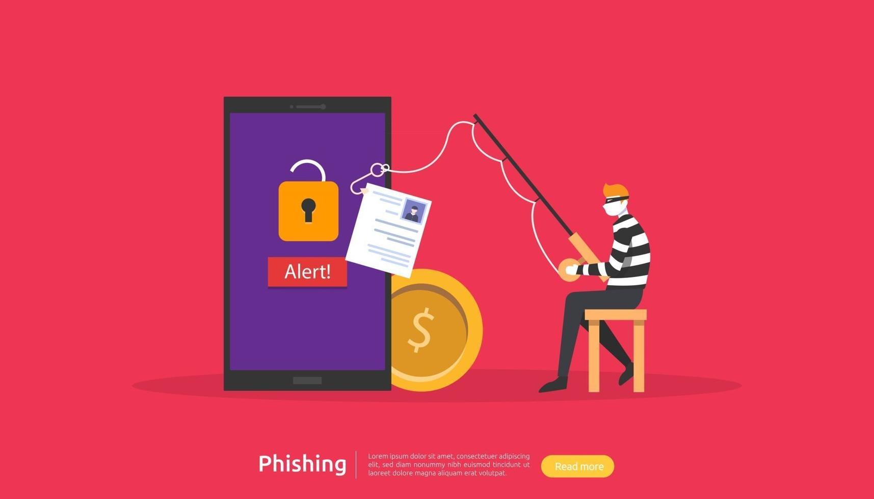 concepto de seguridad de Internet con carácter de gente pequeña. ataque de phishing de contraseña. robar datos personales. Plantilla de página de destino web, banner, presentación, redes sociales y medios impresos. ilustración vectorial vector