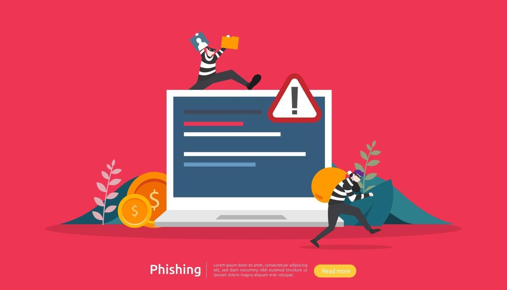 concepto de seguridad de Internet con carácter de gente pequeña. ataque de phishing de contraseña. robar datos personales. Plantilla de página de destino web, banner, presentación, redes sociales y medios impresos. ilustración vectorial vector