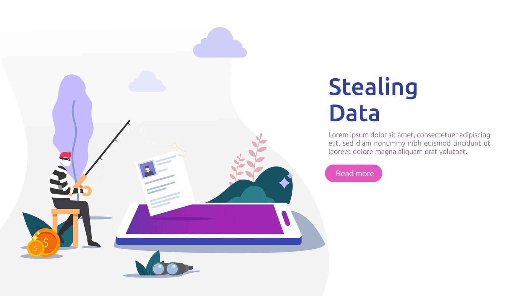 internet security concept with tiny people character. password phishing attack. stealing personal data. web landing page, banner, presentation, social, and print media template. Vector illustration