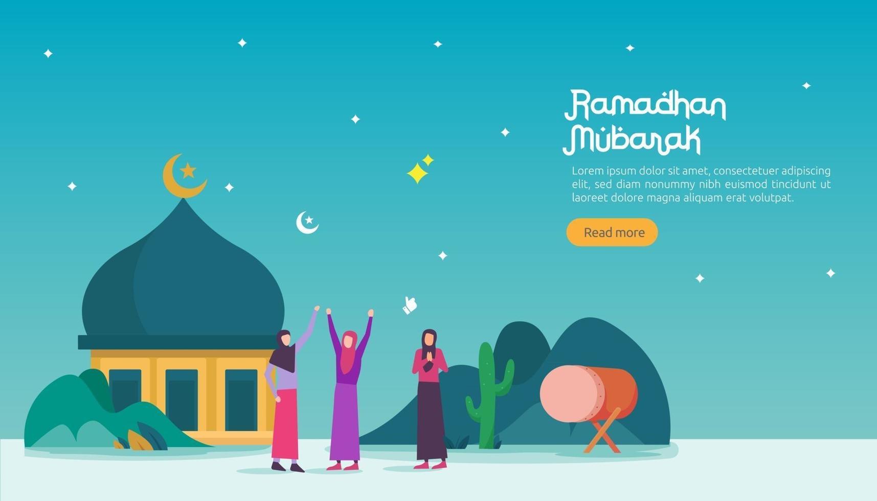 Feliz concepto de saludo de Ramadán Mubarak con carácter de personas para plantilla de página de destino web, banner, presentación, redes sociales y medios impresos. Ilustración de vector de diseño plano islámico eid fitr o adha.