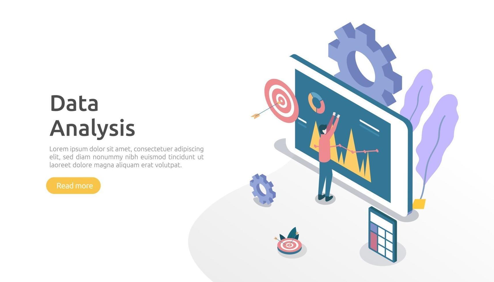 concepto de análisis de datos digitales para investigación de mercado y estrategia de marketing digital. análisis de sitios web o ciencia de datos con carácter de personas. plantilla para página de destino web, banner, presentación vector