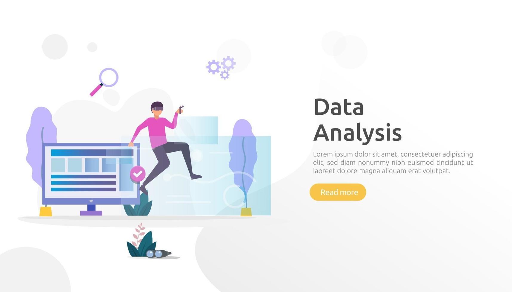 concepto de análisis de datos digitales para investigación de mercado y estrategia de marketing digital. análisis de sitios web o ciencia de datos con carácter de personas. plantilla para página de destino web, banner, presentación vector