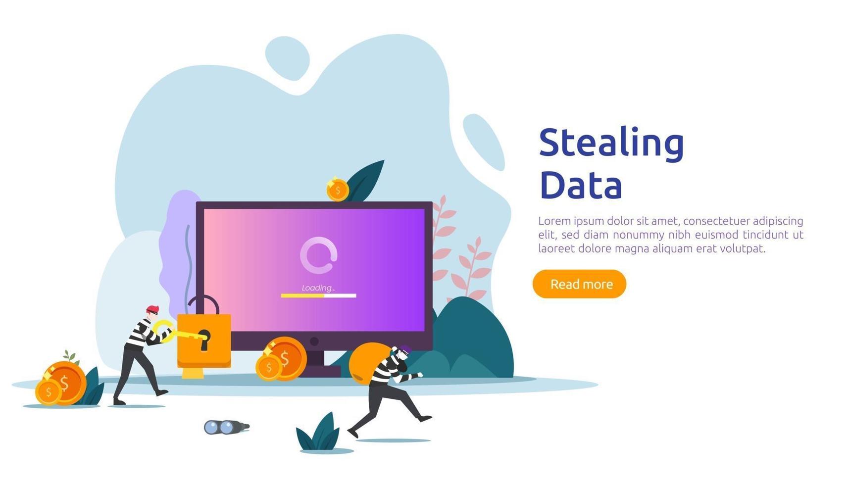 internet security concept with tiny people character. password phishing attack. stealing personal data. web landing page, banner, presentation, social, and print media template. Vector illustration