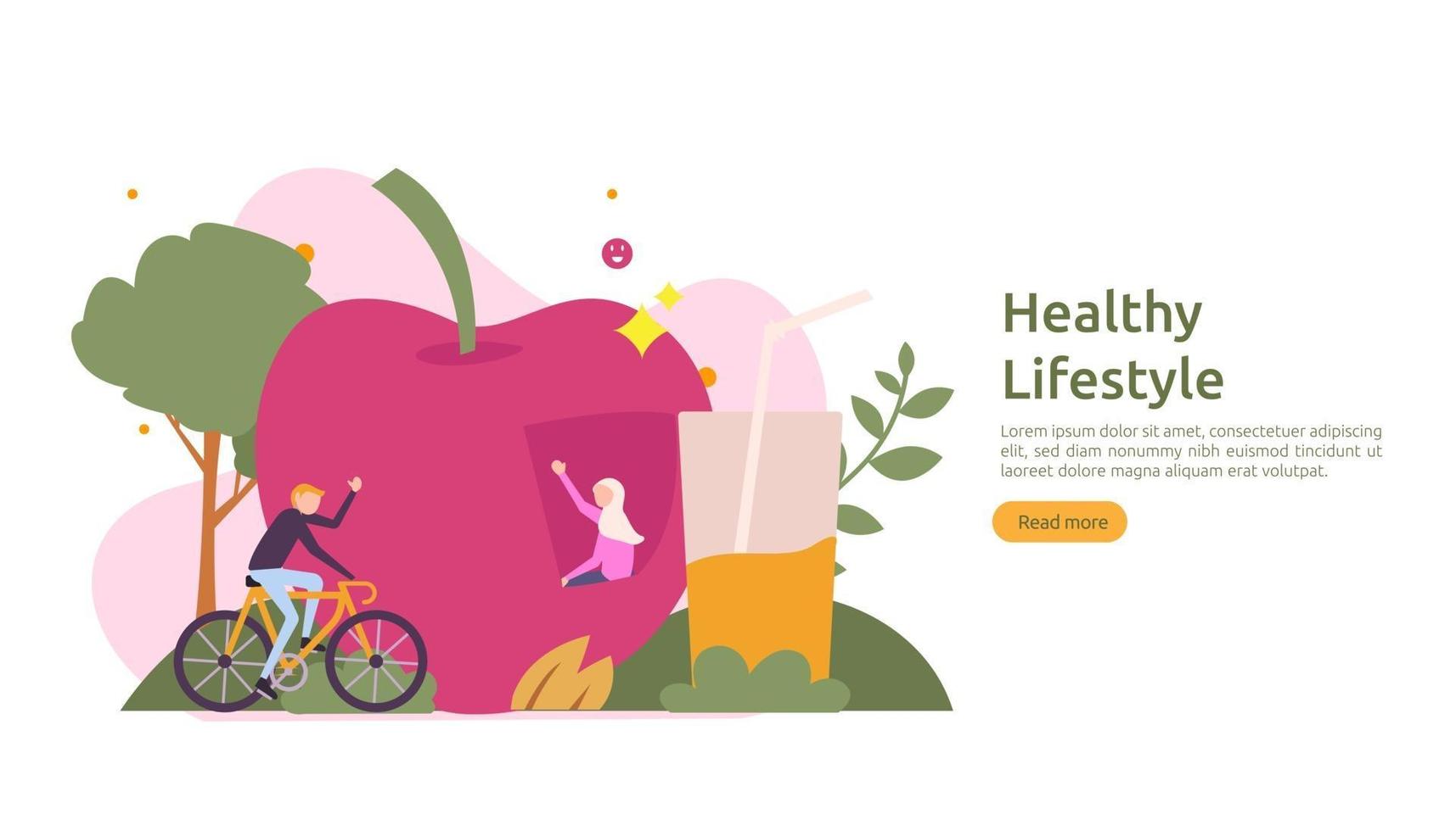 active healthy lifestyle habits concept. Dieting food nutrition illustration with character. sport exercising and training outdoor workout for web page, presentation, social promotion or print media vector