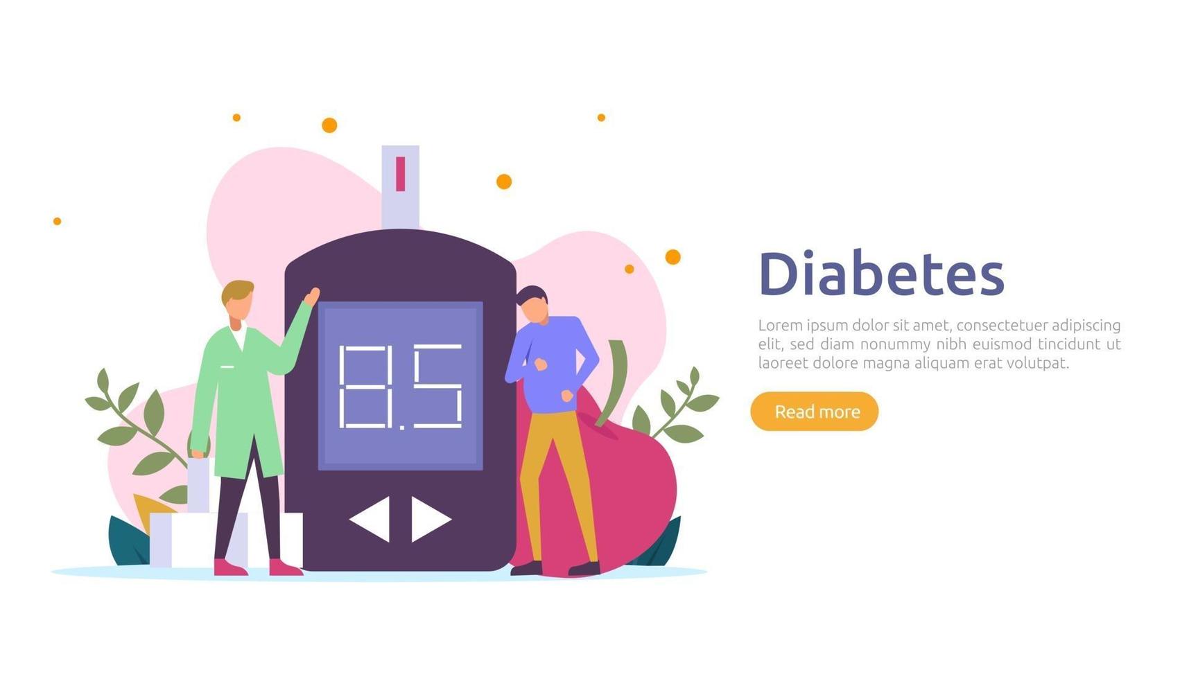 Diabetes mellitus monitoring concept. sugar level blood measures with glucose testing meter. insulin injection treatment and diet control therapy. illustration template for web landing page vector