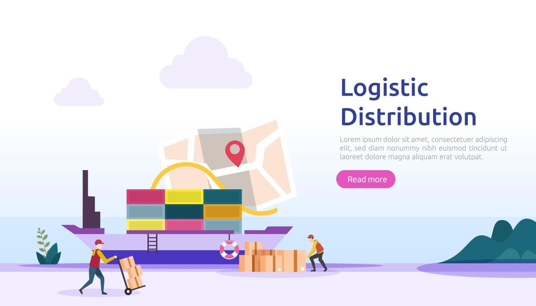 concepto de ilustración de servicio de distribución logística global. Entrega en todo el mundo, importación, exportación, envío, banner con carácter de personas para página de destino web, presentación, redes sociales, póster o medios impresos vector