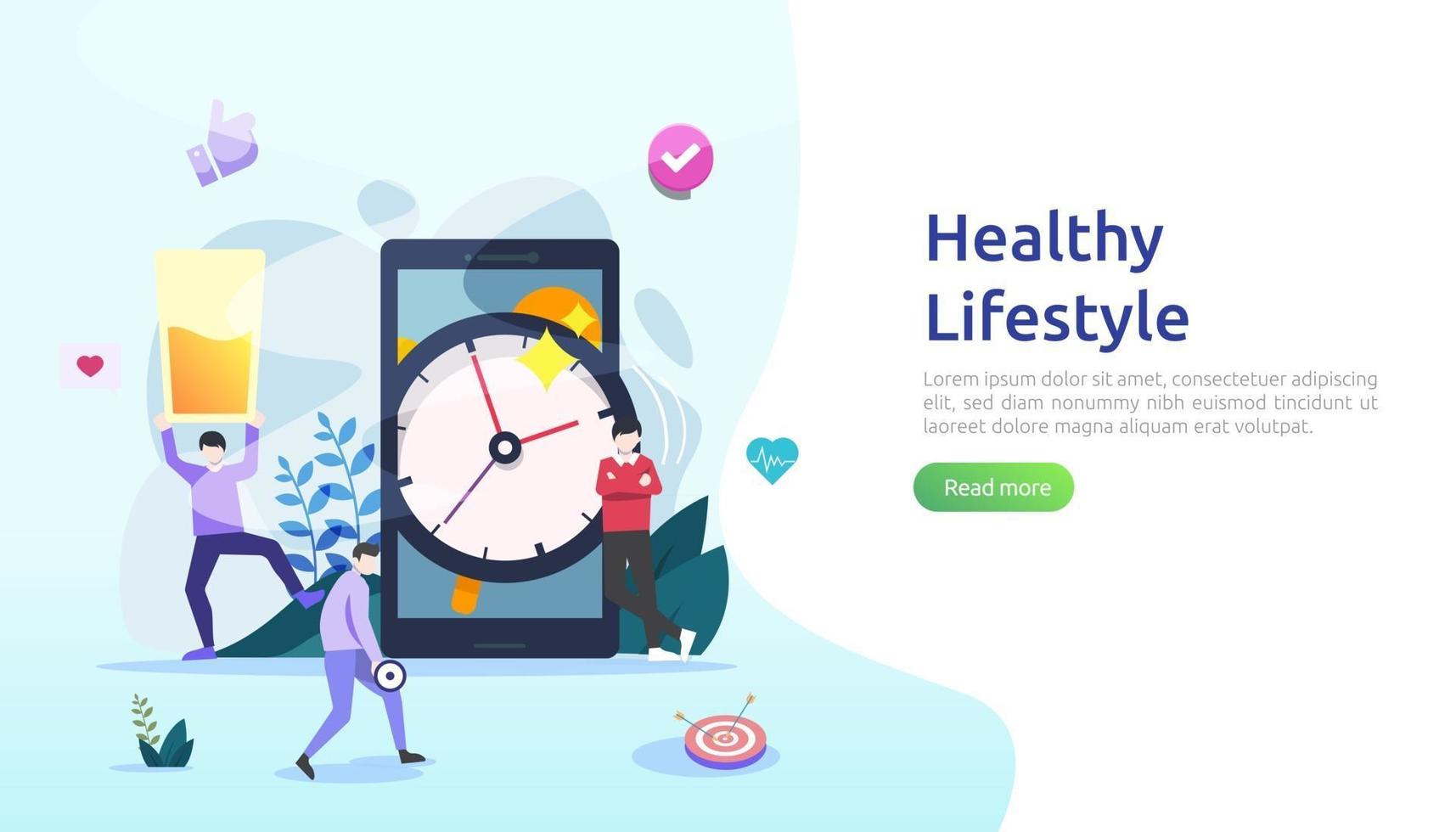 concepto de hábitos de estilo de vida activo y saludable. Ilustración de nutrición de alimentos de dieta con carácter. ejercicio deportivo y entrenamiento al aire libre para la página web, presentación, promoción social o medios impresos vector