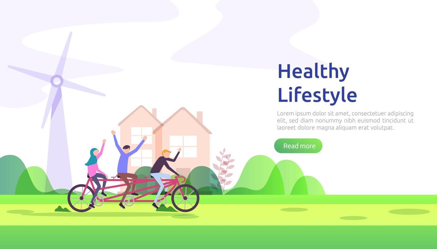 concepto de hábitos de estilo de vida activo y saludable. Ilustración de nutrición de alimentos de dieta con carácter. ejercicio deportivo y entrenamiento al aire libre para la página web, presentación, promoción social o medios impresos vector